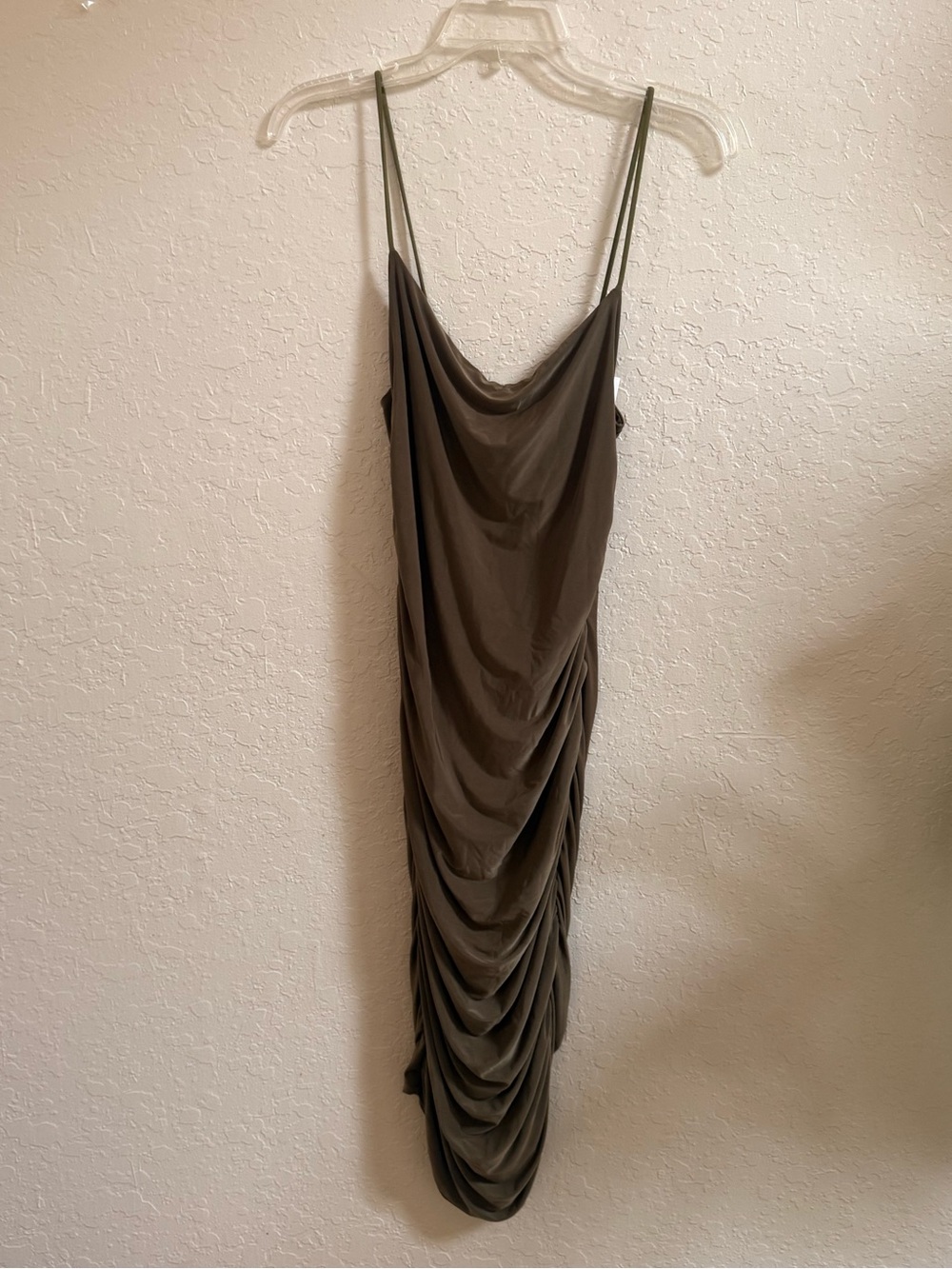 Olive Ruched Cowl Midi Slip Dress